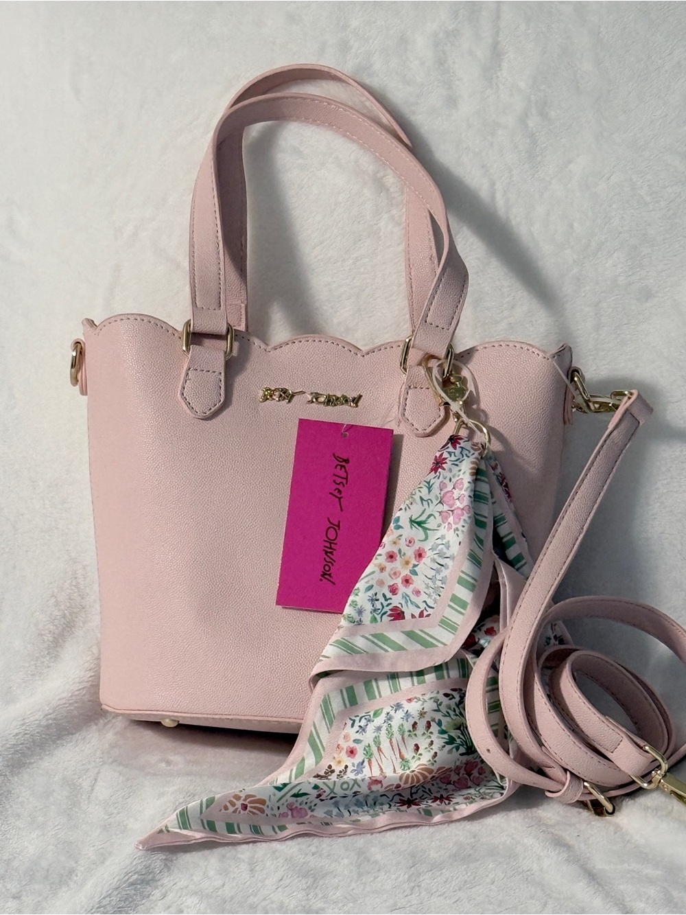 Betsey Johnson Light Pink Scalloped Satchel with Floral Scarf